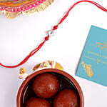 Red Thread Square Design Rakhi And Gulab Jamun