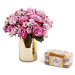 Roses Charm in Golden Vase With Ferrero Rocher