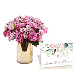 Roses Charm in Golden Vase With Greeting Card