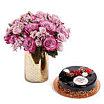 Roses Charm in Golden Vase With Hazelnut Cake