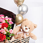 Roses with Teddy And Balloons in a Basket