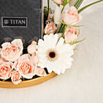 هدايا نسائية | باقة ورد مع ساعة تيتان قرص اسود