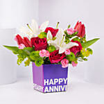 Tulips Roses and Carnations in Glass Vase