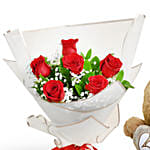 Valentine 6 Roses Bouquet With Teddy