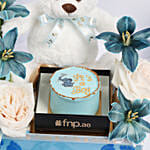 باقة ورود لون أبيض وأزرق مع تيدي بير وكيك 200 جرام