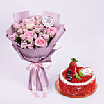 Womens Day Red velvet Cake with Bouquet of Mixed Flowers Combo