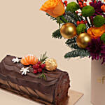 Christmas Yule Log Cake and Festive Flower Arrangement