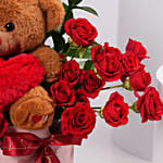 Valentines Red Rose Floral Box with Teddy Bear