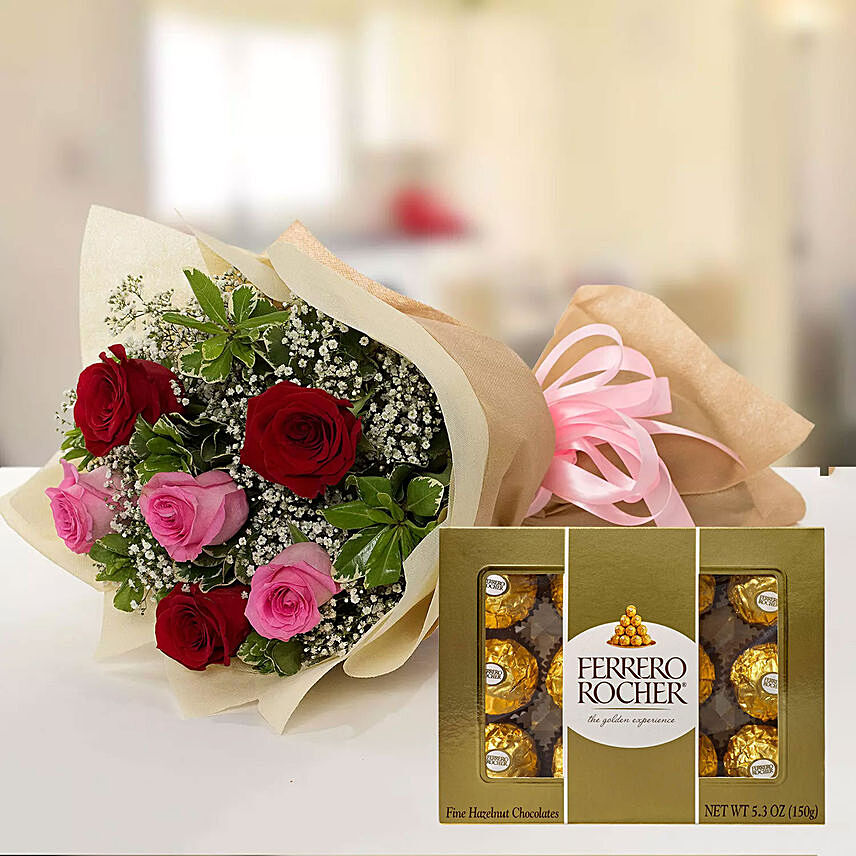 Beautiful Roses & Ferrero Rocher 12 Pcs