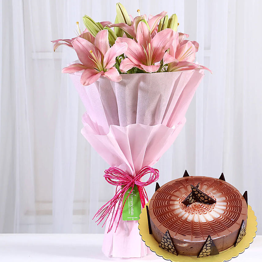 Pink Asiatic Lilies & Cappuccino Cake 4 Portions