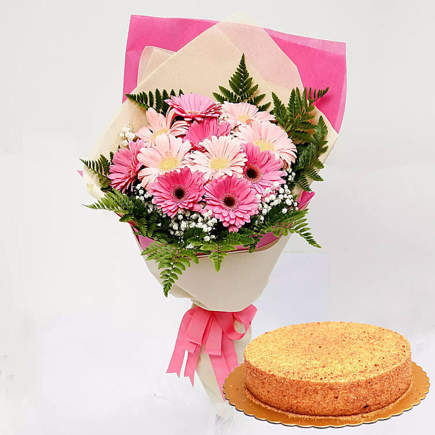 Pink Gerberas & Honey Cake 4 Portions