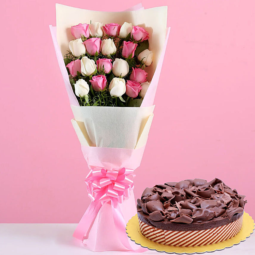Pink White Roses & Chocolate Mousse Cake 8 Portions