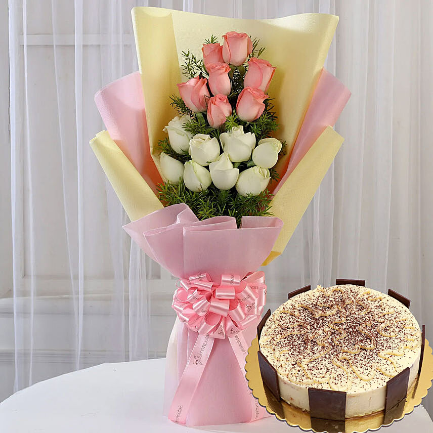 Pink White Roses & Tiramisu Cake 4 Portions