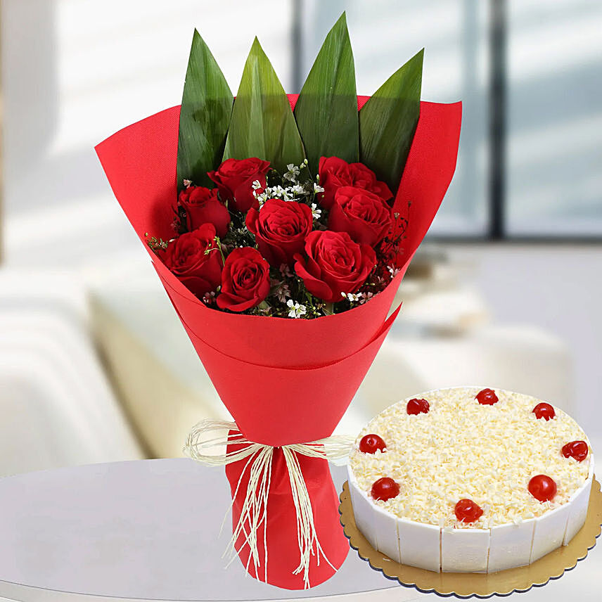 Red Roses Bunch & White Forest Cake 4 Portions