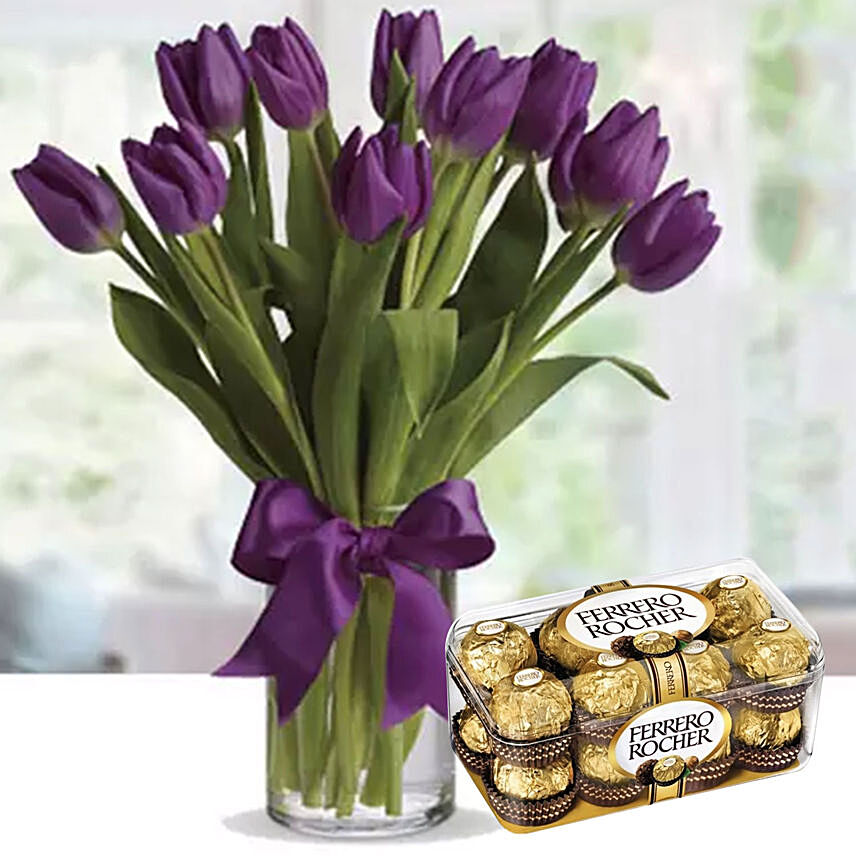 Royal Purple Tulips & Ferrero Rocher 16 Pcs