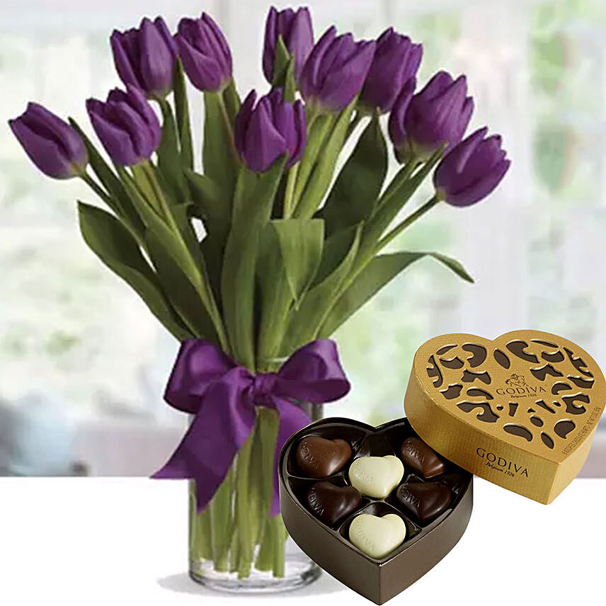 Royal Purple Tulips & Godiva Chocolates 250 gms