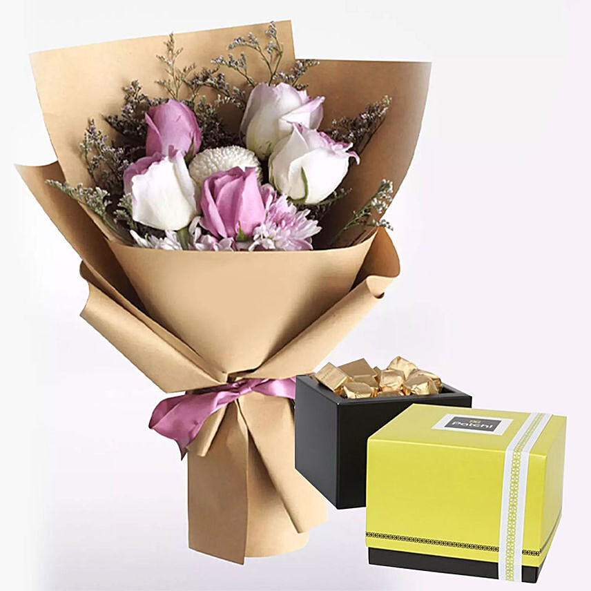 White Purple Flowers & Patchi Chocolates 250 gms