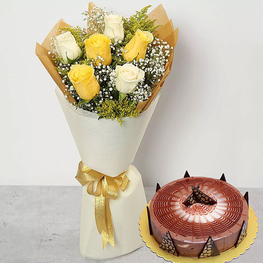 White Yellow Roses & Cappuccino Cake 4 Portions