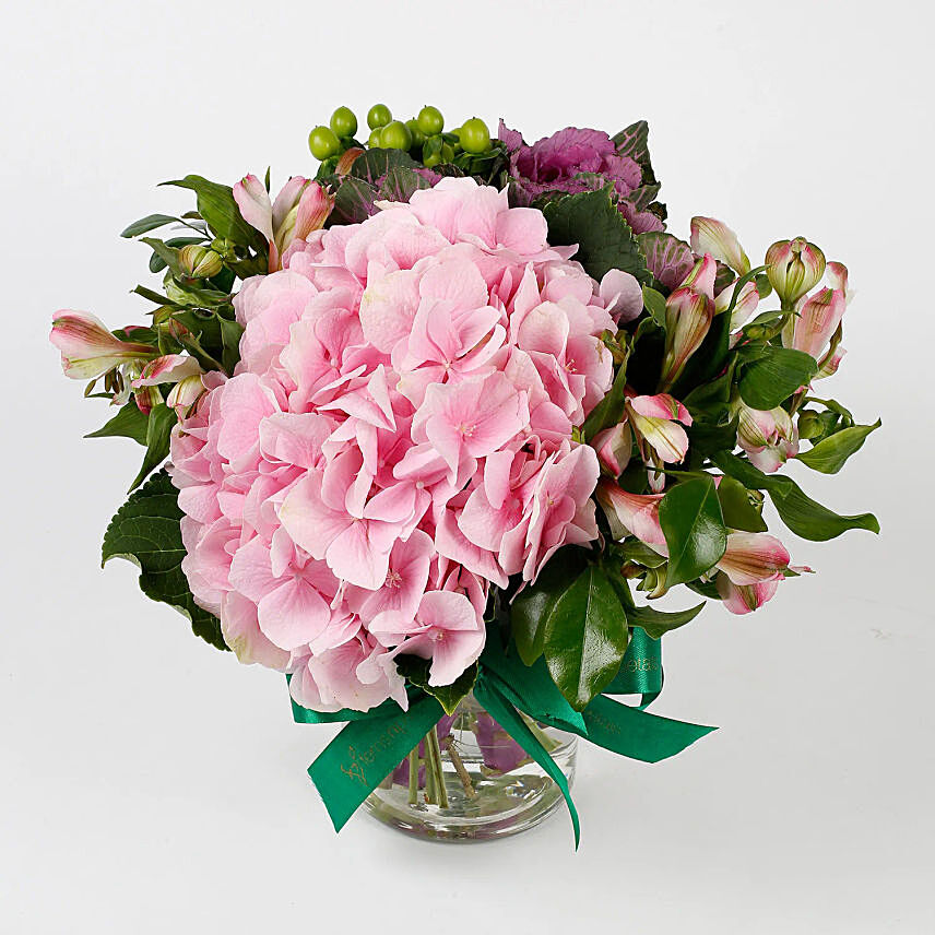 Imported Light Pink Hydrangea Flowers in Glass Vase