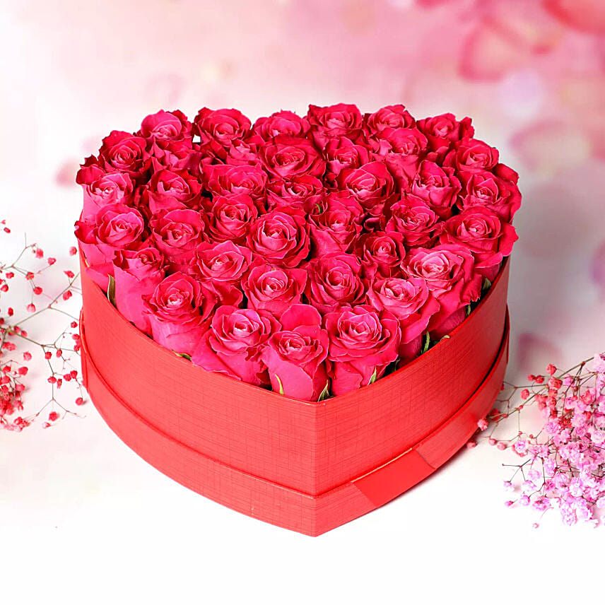 Dark Pink Roses in Heart Shape Box