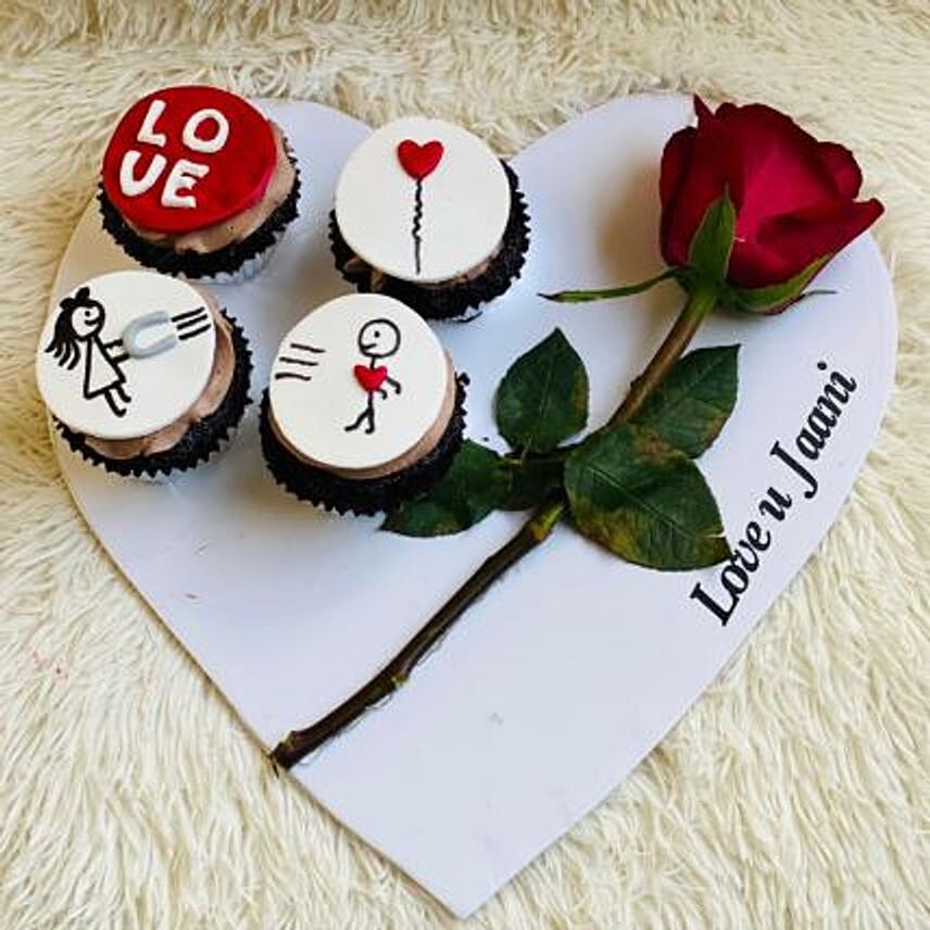 Love You Red Velvet Cup Cakes Set of 4 With Rose