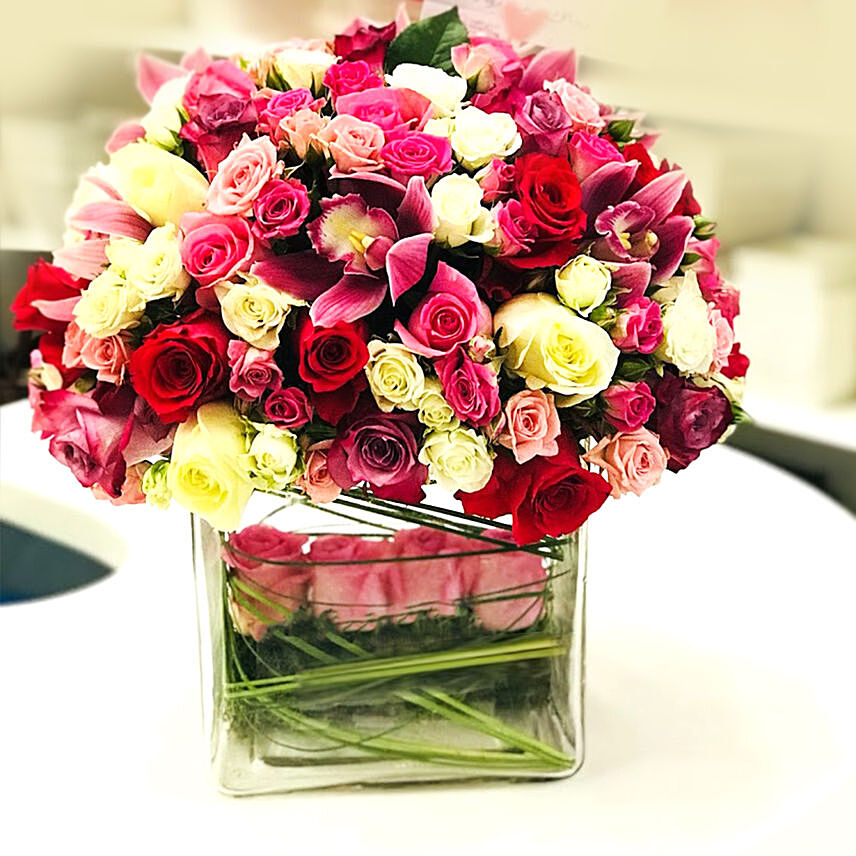 Blooming Mixed Roses & Cymbidium Vase Arrangement