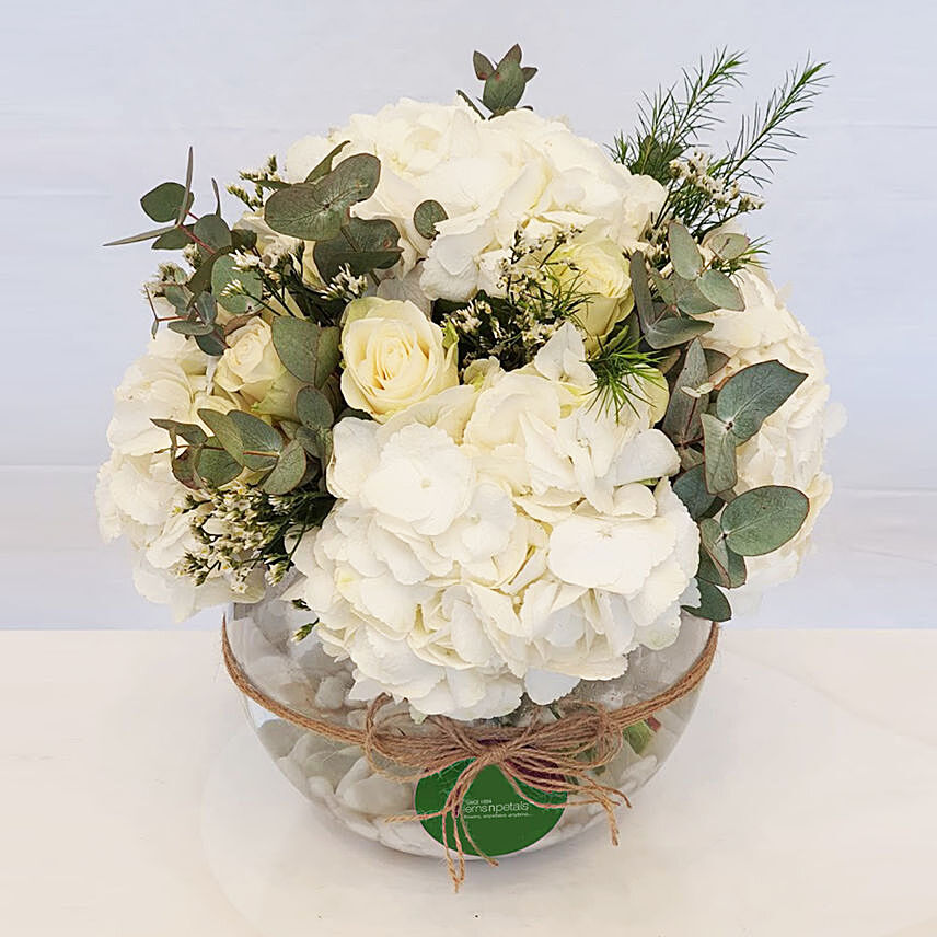 Serene Hydrangea & White Roses Vase Arrangement