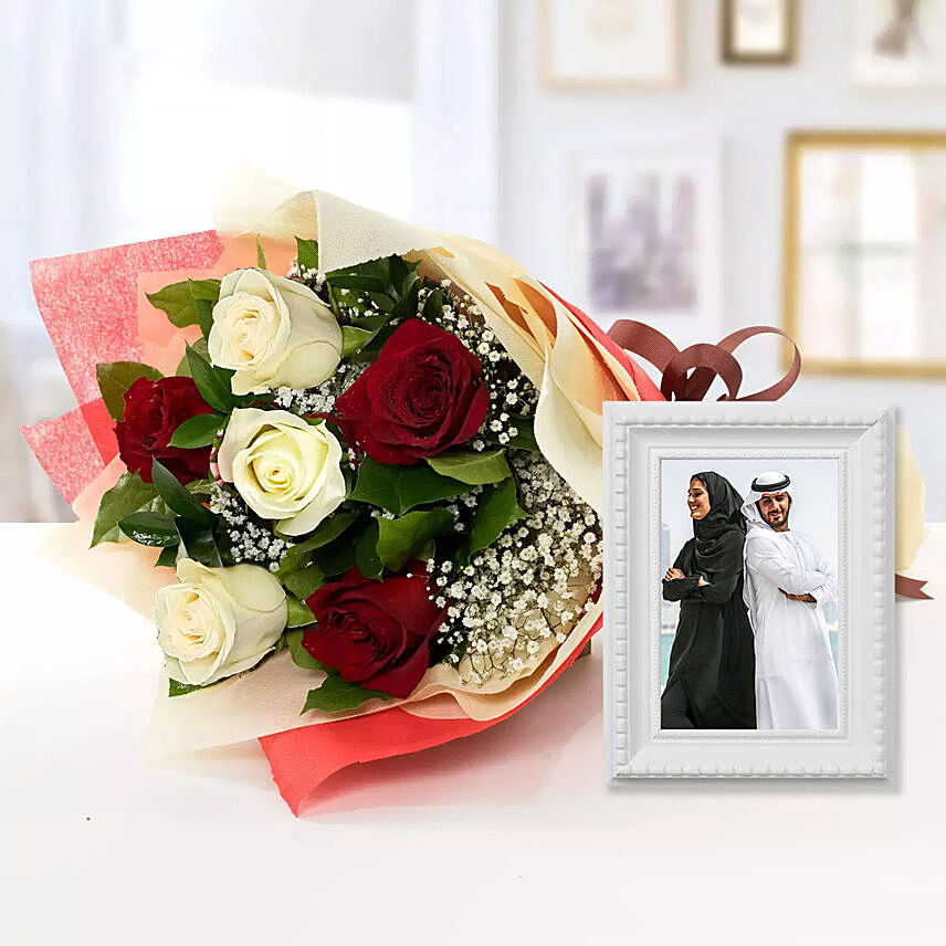 Birch Effect Classy Photo Frame & Roses Bouquet