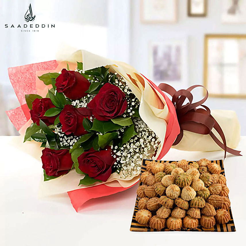 6 Red Roses With Maamoul Sweet Half Kg