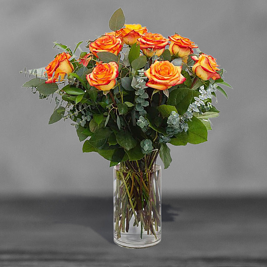 12 Beautiful Orange Roses Glass Vase Arrangement