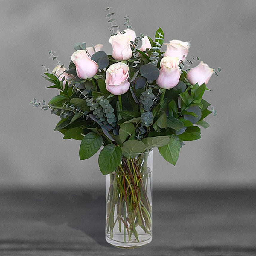 12 Sweet Pink Roses Glass Vase Arrangement