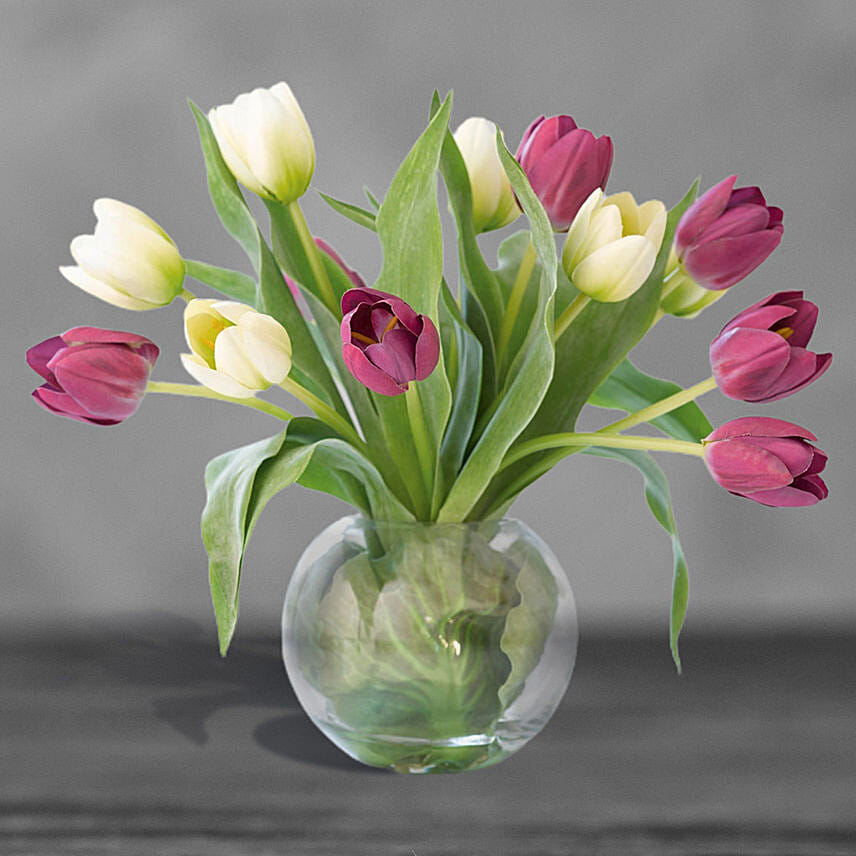 Beautiful Mixed Tulips Glass Vase