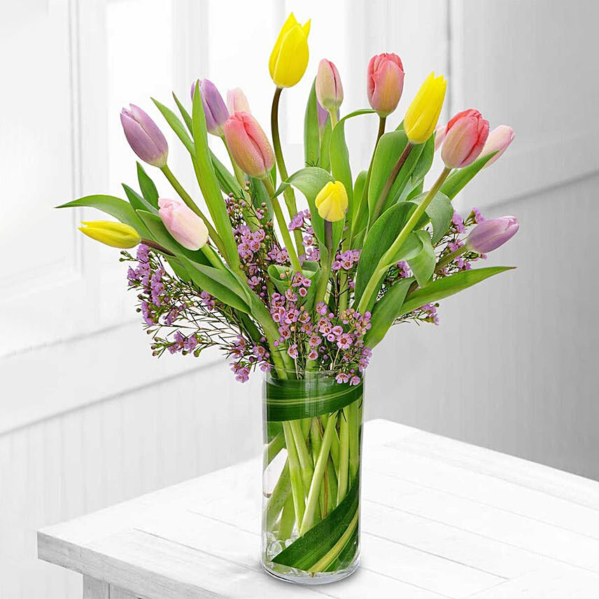 Exotic Mixed Tulips Glass Vase