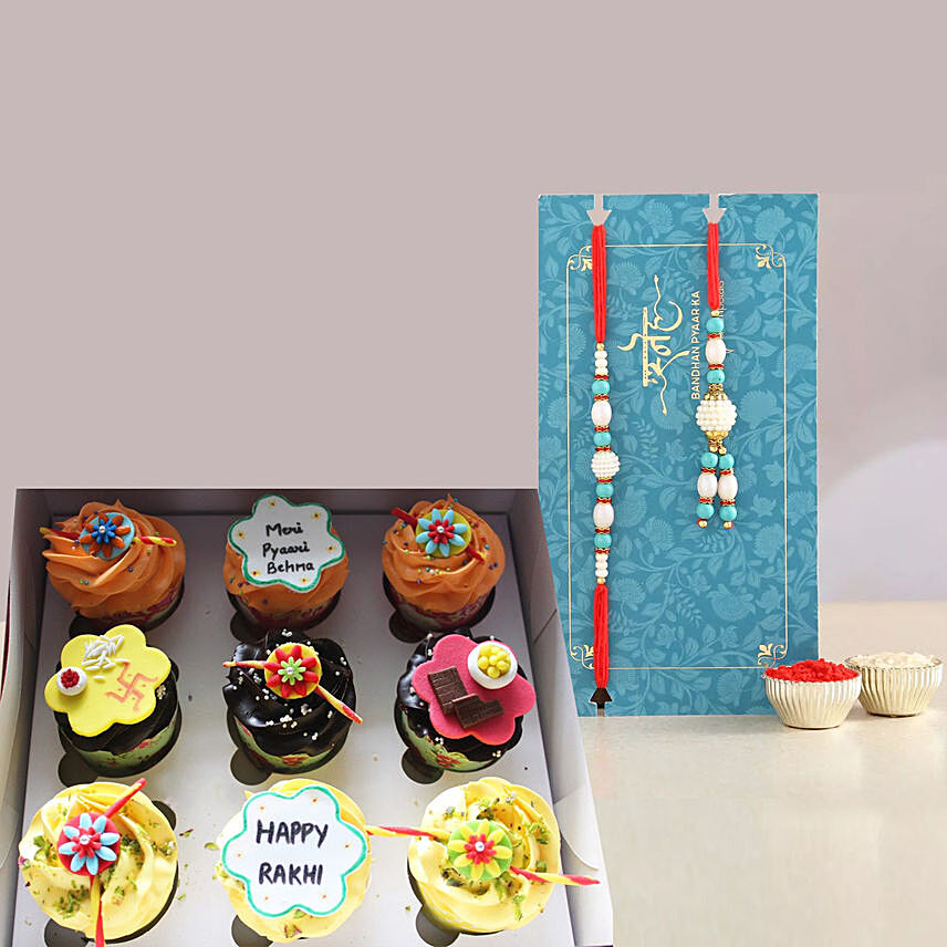 Blue Pearl And Lumba Rakhi Set With Cupcake