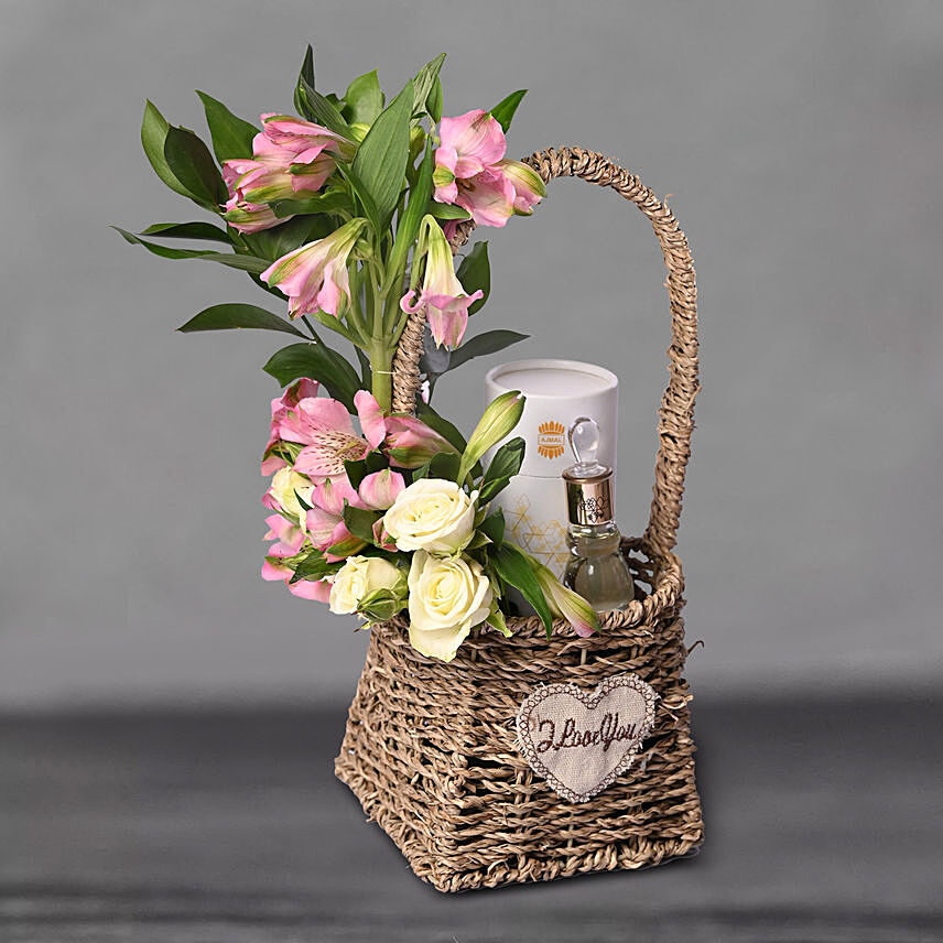 Musk Silk Perfume And Mixed Flowers Basket