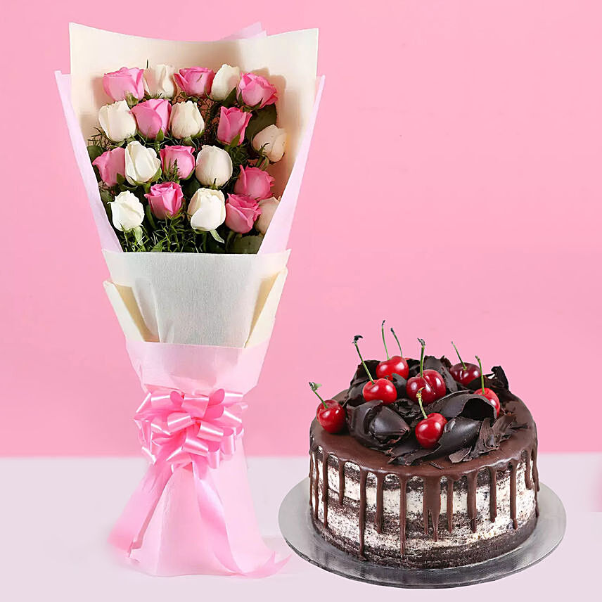 Pink White Roses & Black Forest Cake 4 Portions