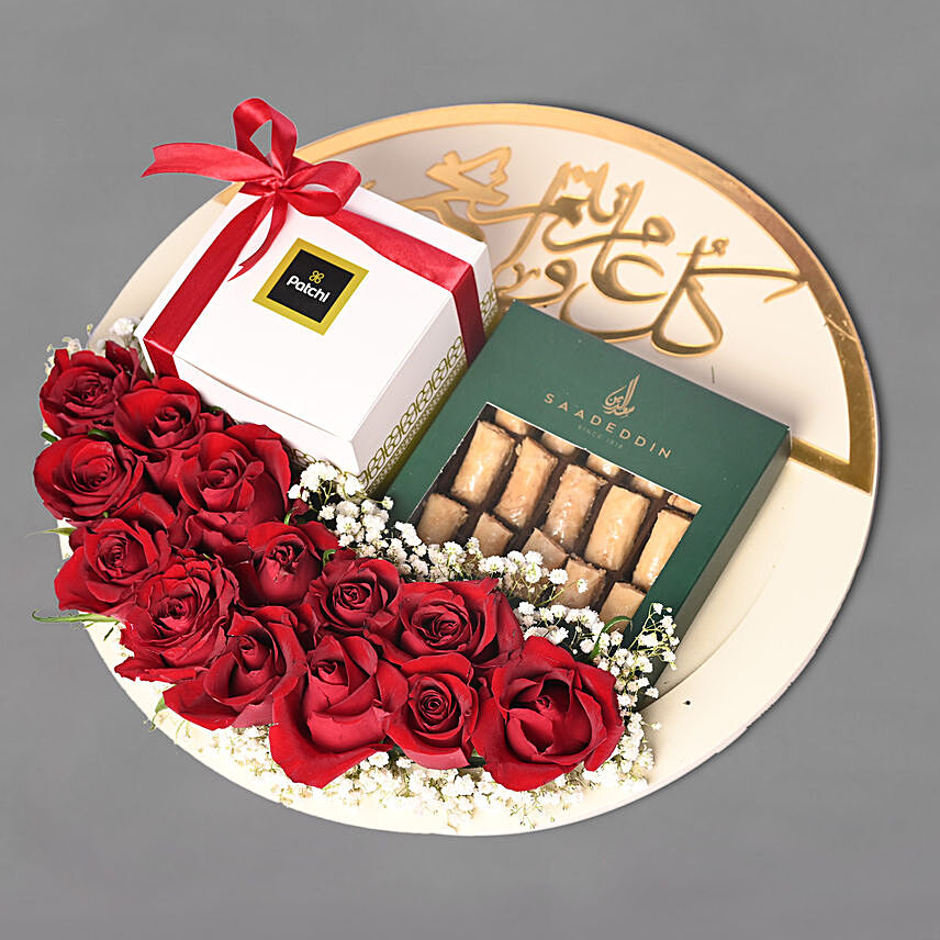 Ramadan Mubarak Red Roses And Sweet Treats Platter