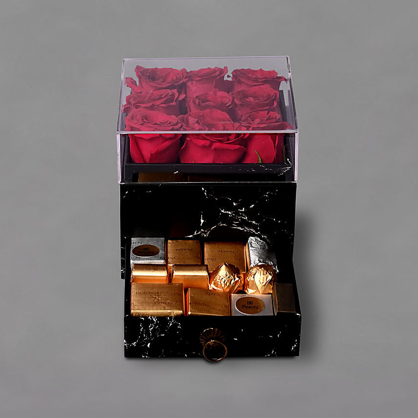 Red Roses And Patchi Chocolates Designer Box