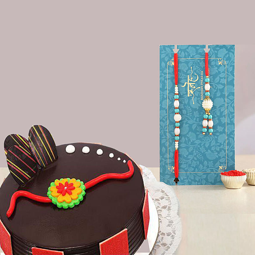 Set Of 2 Rakhi With Chococlate Cake
