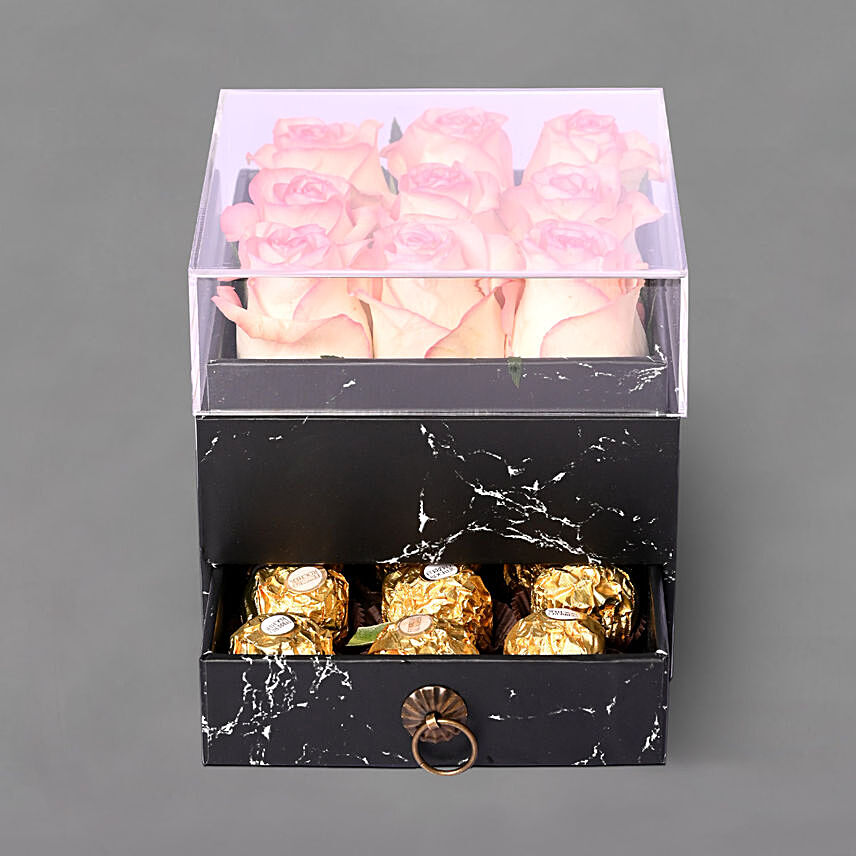 Shaded Pink Roses And Ferrero Rocher Box