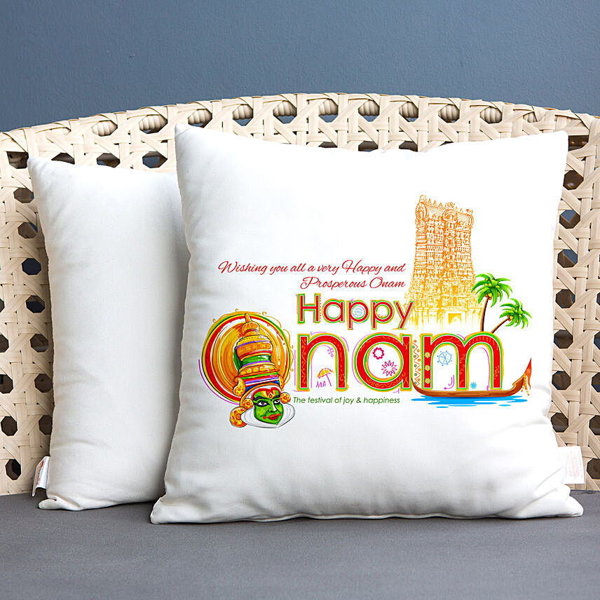 Wishing Happy Onam White Printed Cushion
