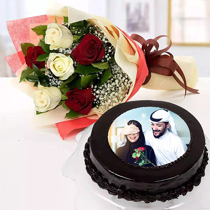 Chocolate Truffle Birthday Special Photo Cake With Flowers Half Kg