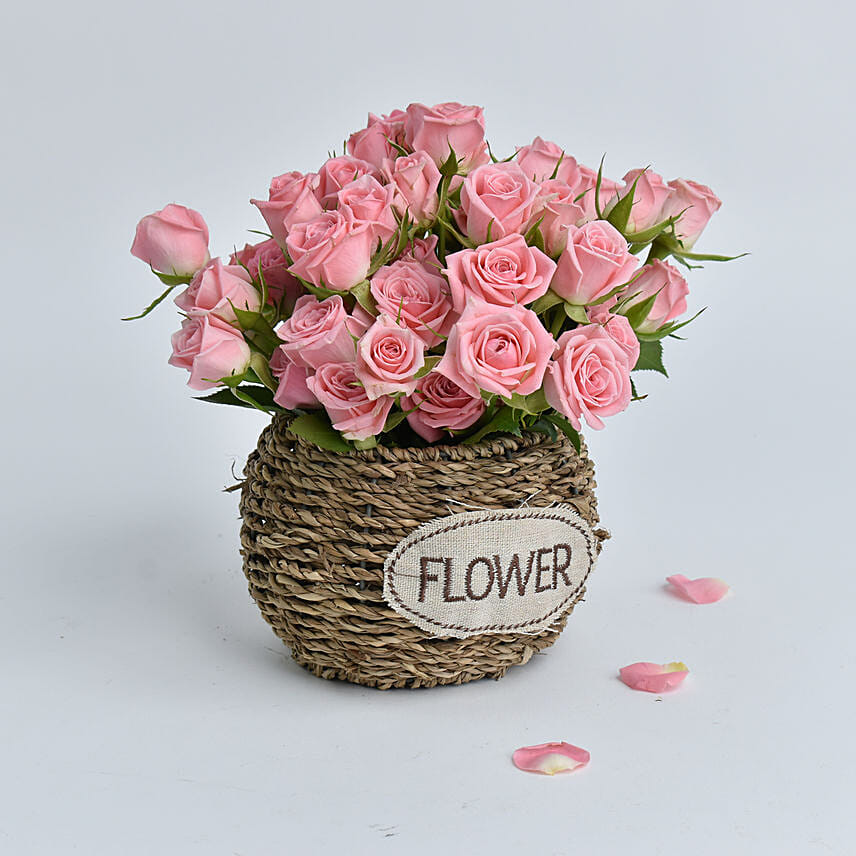 Pink Spray Rose In Small Basket