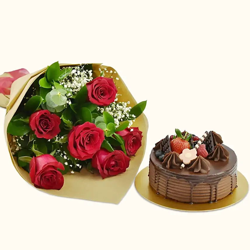 Chocolate Cake with Bunch of 6 Red Roses