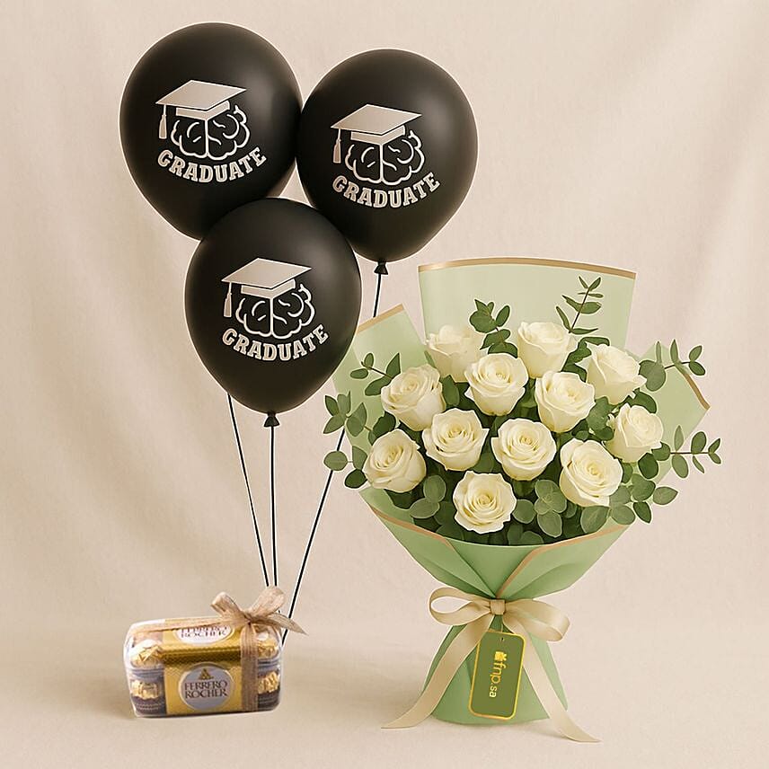 White Roses With Ferrero Chocolates N Graduation Balloons: توصيل هدايا مكة المكرمة
