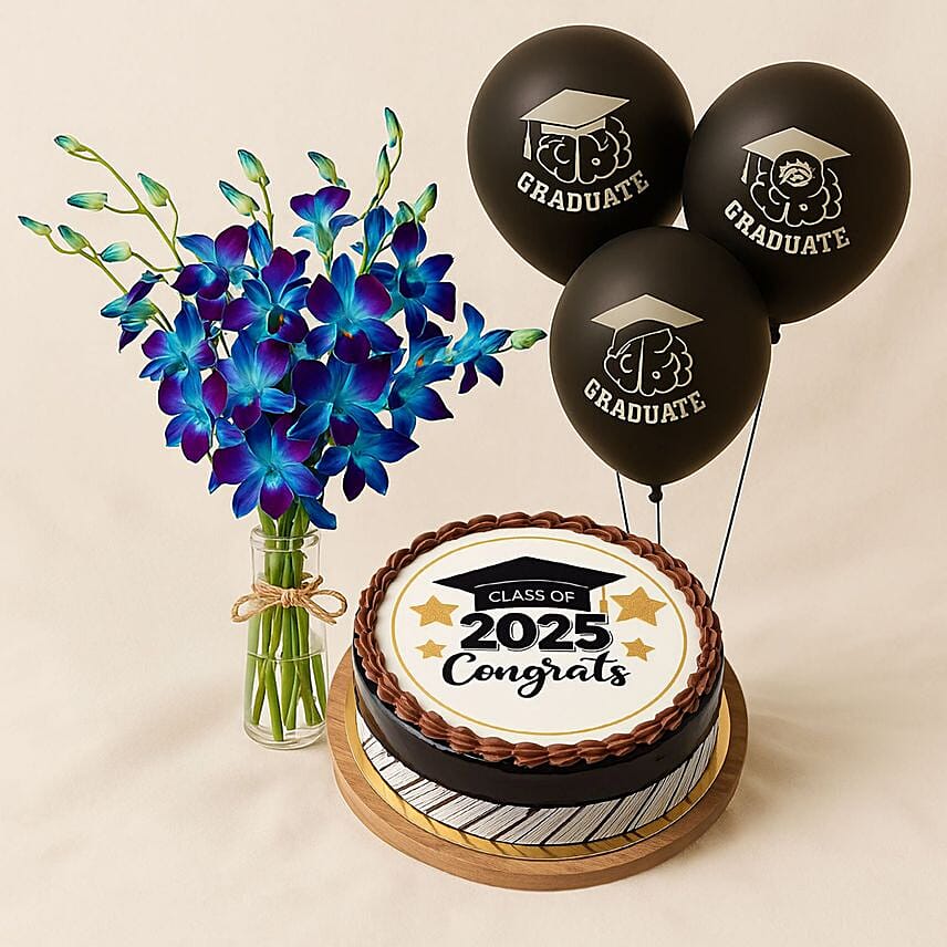 Blue Orchid Graduation Gift With Cake N Balloons: توصيل هدايا مكة المكرمة