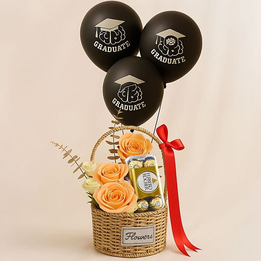 Graduation Gifts Rose Basket With Chocolates N Balloons: توصيل هدايا مكة المكرمة