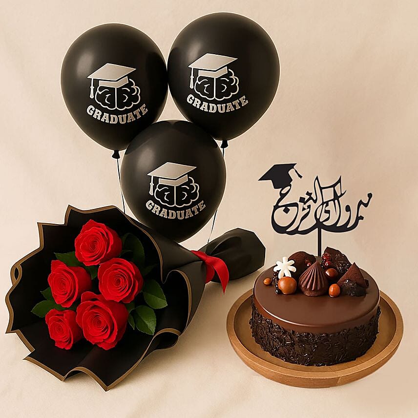 Graduation Chocolate Cake With Flowers N Helium Balloons: 
