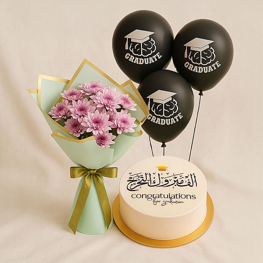 Pink Chrysanthemum Bouquet With Graduation Cake N Balloons: Gifts To Mecca