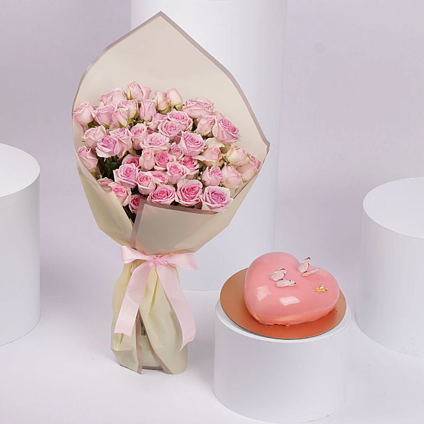 Pink Rose n Heart Shape Cake Combo Pink Rose n Heart Shape Cake Combo: Mothers Day Gifts in Saudi Arabia